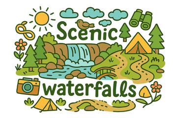 Fototapeta premium Scenic Waterfalls Doodle. Scenic waterfalls. Hand-drawn doodle illustration of Scenic waterfalls. waterfall,