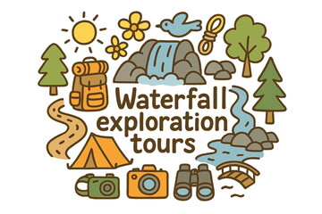 Naklejka premium Waterfall Adventure Doodle. Waterfall exploration tours. Hand-drawn doodle illustration of Waterfall