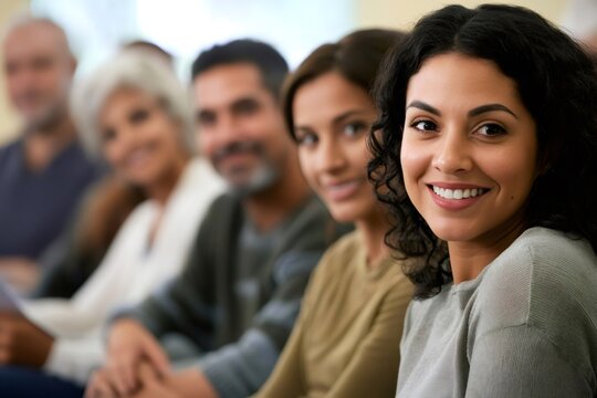 Diverse people participating in a community event, meeting, or class, smiling and looking at the viewer