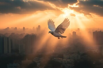 White dove flying with outstretched wings against a dramatic golden sky. Sun rays breaking through clouds illuminate the urban landscape