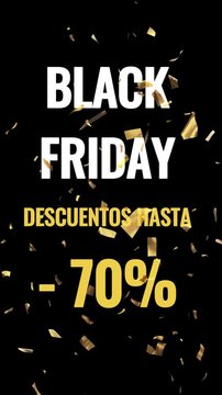 Tres carteles verticales diferentes por Black Friday de descuentos 70%, 50%, 30% con confeti dorado cayendo, grandes y llamativos