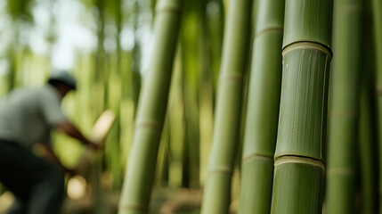Obraz premium Bamboo forest with a worker cutting stalks, showcasing sustainable forestry and natural resource management. Sunlight filters through the dense grove.