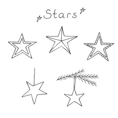 Obraz premium Christmas stars, set of elements, hand drawing, vector illustration