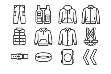 Fototapeta premium Workwear Trends Icons. Workwear trends. Line outline icon set of Workwear trends: cargo pants, utility pockets