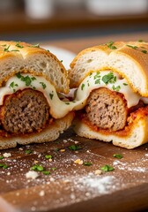 Delicious Meatball Sub Sandwich Cut in Half with Melted Cheese.