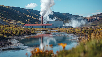 Fototapeta premium Geothermal power plant in volcanic landscape with steam Generative AI