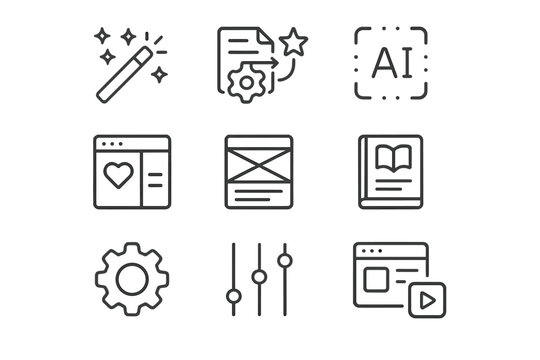 Predictive Icon Set. Predictive Design Elements. Line outline icon set of Predictive Design Elements: magic