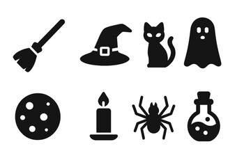 Witching Hour Icons. Witching Hour. Filled icon set of Witching Hour: broomstick, witch hat, black cat, ghost,