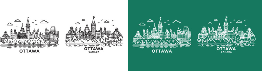 a bold line art illustration of Ottawa city skyline, Canada, featuring its blend of historic and modern architecture.