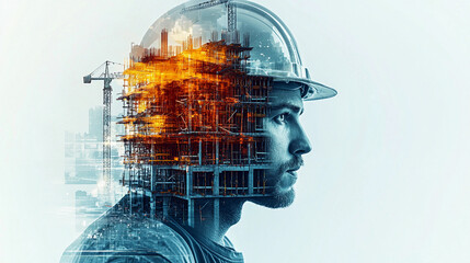 Digital illustration of a builder with construction scene Generative AI
