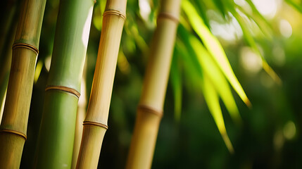 Obraz premium Lush green and golden bamboo stalks, nature's tranquil rhythm, with sunlight filtering through vibrant leaves. A serene, calming essence of the bamboo grove.