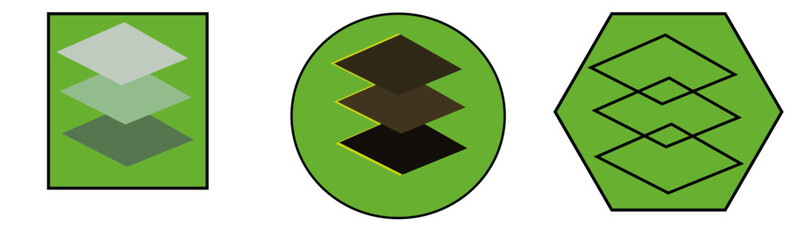 Set of layered diamond shapes inside different geometric containers including square circle and hexagon in shades of green and brown on a white background representing data layers or organization