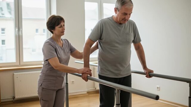 Physical Therapy Patient Walks With Assistance Along Parallel Bars