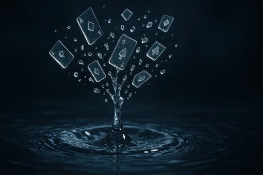 Abstract water splash forming cards exploding into a dark abyss