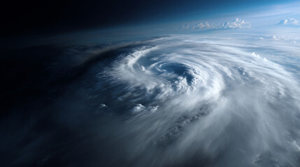 Fototapeta premium Gigantic hurricane storm forming above ocean, satellite view, dramatic swirling clouds, massive power of nature hurricane, storm, clouds, ocean, satellite, nature, disaster, power,