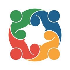 Four abstract figures green blue red orange embracing in circle group people