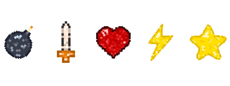 Pixel game element set. Vector illustration Pixel ligthning red heart gold star soldier sword and bomb isolated transparent. Set of Pixel Art element for retro 8-bit video game. EPS 10