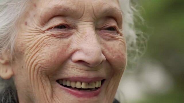 Elderly Woman Smiling and Talking in Nature for Personal Development Blogs, Senior Lifestyle Websites, Mental Health Awareness, Empowering Content, and Family Connection Videos - Powered by Adobe