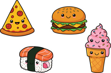 Vector illustration of cute cartoon food items including pizza, burger, sushi, and ice cream with smiling faces for playful design themes