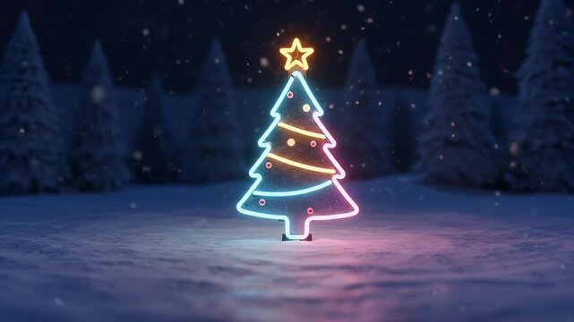 Pixel Art Christmas Tree Neon Lights Festive Snowfall Background