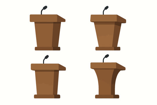 Set of four wooden podiums with microphones for public speaking events