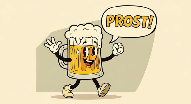 Cartoon Beer Mug Character Toasting with Prost Speech Bubble.