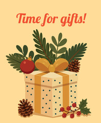 A sweet illustration featuring a gift, pine cones, and Christmas tree decorations on a light background. It has a festive atmosphere, text Time for Gifts. Use it for cards, greetings, social media