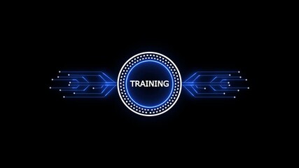 Glowing neon line HUD circle with training circuit board and electronic details on dark backdrop with dotted halftone effect.Futuristic Circuit Board. Circuit Footage. - Powered by Adobe