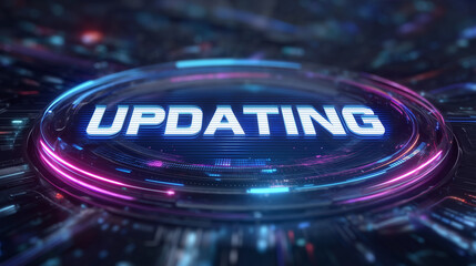 Futuristic digital interface with glowing text "UPDATINGâ¦", holographic icons floating in cyberspace, neon lines and data streams, blue and pink lighting, abstract technology backg