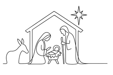 Nativity scene line drawing: holy family with star and donkey © Bohdan