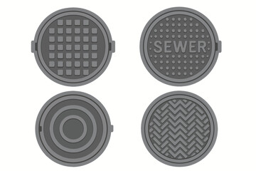 Four gray manhole covers with various textures and patterns displayed in a grid layout
