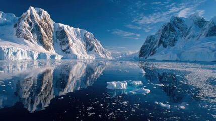 A serene Antarctic landscape showcases towering ice-capped mountains reflected in a placid glacial bay.