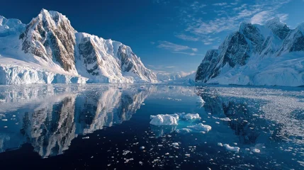 Tableau sur plexiglas Réflexion A serene Antarctic landscape showcases towering ice-capped mountains reflected in a placid glacial bay.  © rahmi