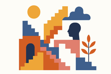 Abstract geometric art with staircases, head silhouette, sun, and plant