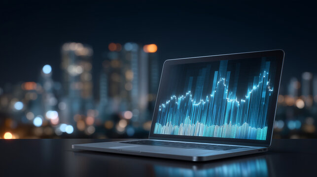 Close-up of laptop screen showing futuristic financial data charts and holographic interface, glowing neon reflections, digital trading concept, fintech analytics, cyber city skyli