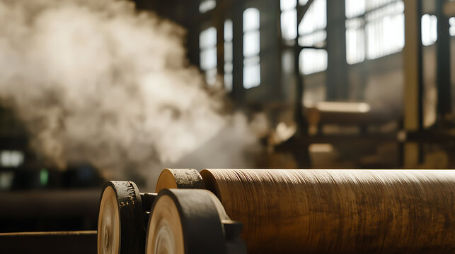 Industrial machinery processes wood, releasing steam. Precision craftsmanship meets raw power in a busy industrial environment.