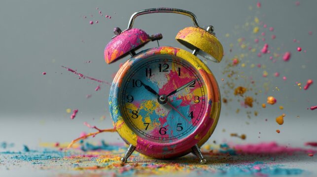 colorful paint exploding on alarm clock