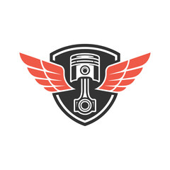 Obraz premium Red Winged Piston Emblem on Black Shield engine motor