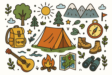 Camping adventure icons: tent, mountains, backpack, and nature elements