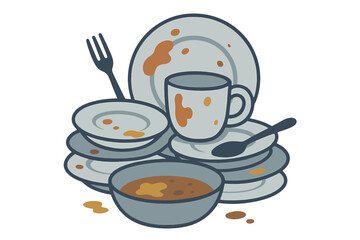 Illustration of unwashed dishes with plates, cups, and utensils