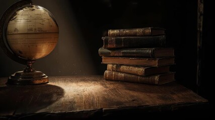 A classic, scholarly scene featuring a spinning globe and old books. Represents world literature, history, knowledge, and global education. Cinematic and atmospheric.