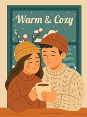 A cozy Christmas illustration a man and woman warming themselves with a mug of cocoa against a window and winter landscape. A warm homey atmosphere. Perfect for holiday cards, greetings, social media