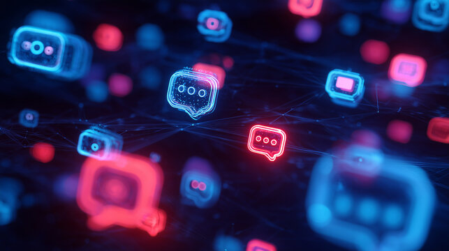 Abstract digital network of glowing chat bubbles and communication icons in virtual space, neon blue and red holographic light effects, modern ai data exchange visualization, cinem