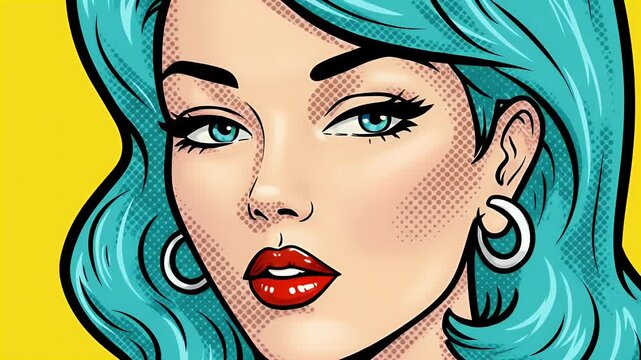 Pop Art Illustration Of A Woman With Blue Hair And Bold Red Lips On A Yellow Background