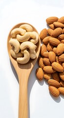 Cashews and Almonds - A Nutritious Snack on White Background.