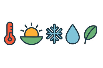 Five climate and nature symbols: thermometer, sun, snowflake, water drop, and leaf
