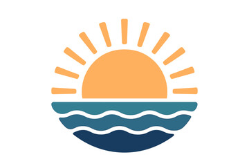 Stylized sun rising over ocean waves in circular emblem design