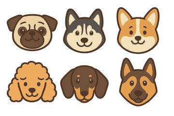 Six adorable cartoon dog breed heads as simple graphic icons