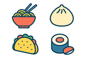 Four international fast food icons: noodles, dumpling, taco, and sushi