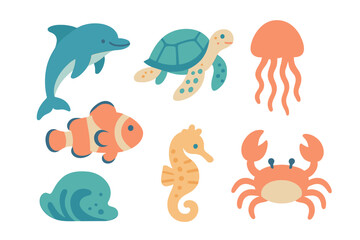 Collection of cute cartoon sea creatures and various ocean life icons